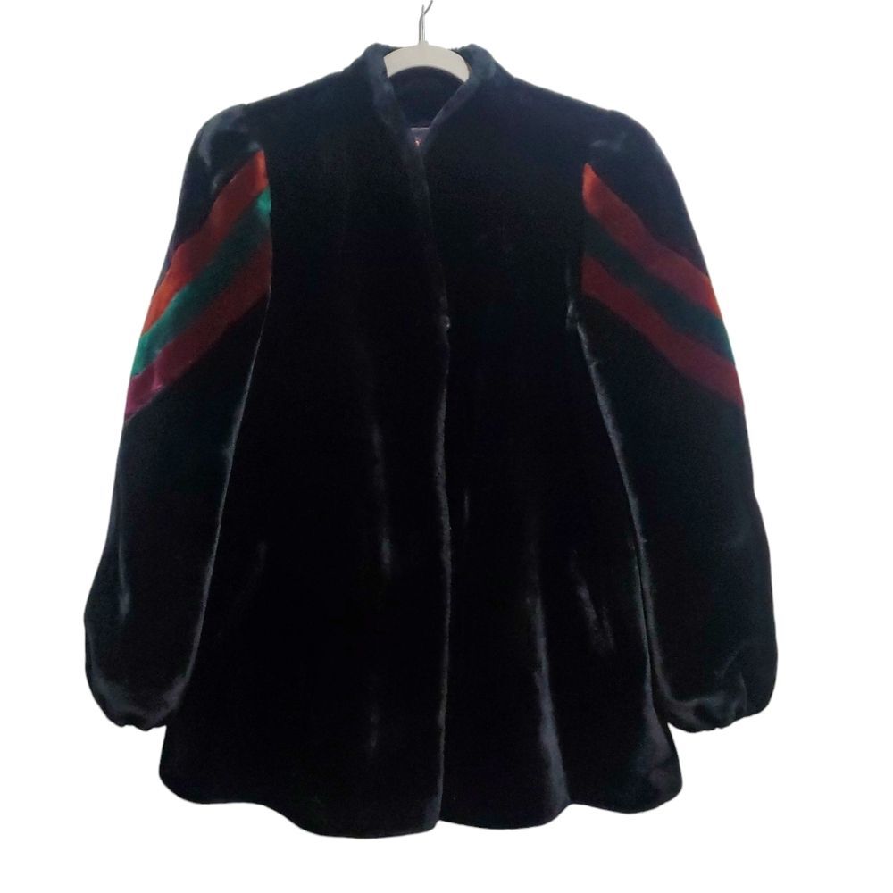 80’s Vintage Sasson Borgazia Women’s Faux Fur Black Coat Striped Sleeves 12